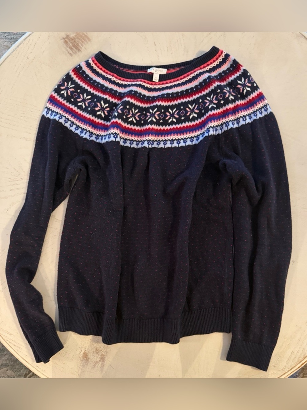 Talbots Fair Isle Yoke Crewneck Sweater Navy Blue Sz Small
